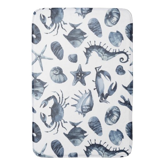 Chic Nautical Blue Seashell zeepaardzeepaardkrab Badmat (Voorkant Verticaal)