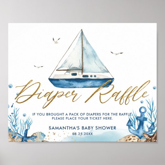Chic Nautical Boat Gold Baby shower Diaper Raffle Poster (Voorkant)