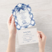 Chic Nautical Navy Blue Bow Wedding All In One Uitnodiging (Afscheurbaar)