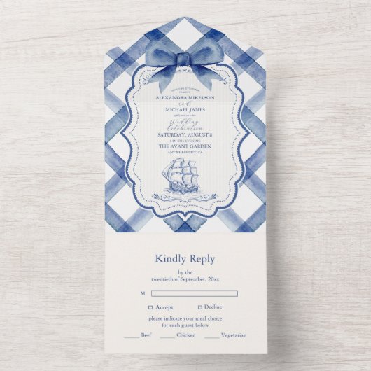 Chic Nautical Navy Blue Bow Wedding All In One Uitnodiging (Binnen)
