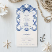 Chic Nautical Navy Blue Bow Wedding All In One Uitnodiging