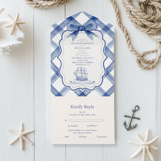 Chic Nautical Navy Blue Bow Wedding All In One Uitnodiging