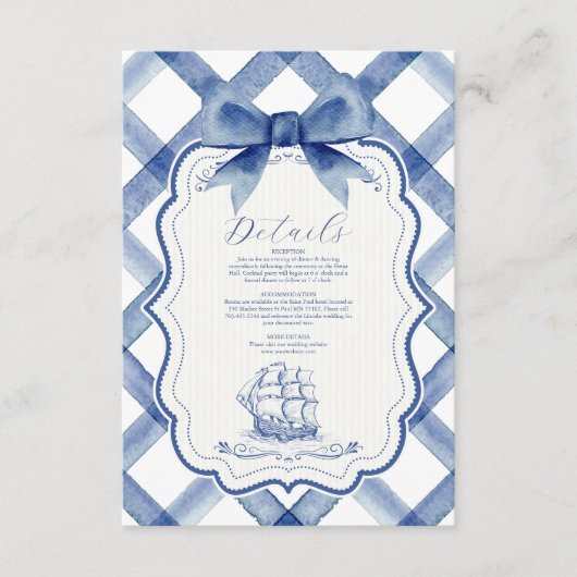Chic Nautical Navy Blue Bow Wedding Informatiekaartje (Voorkant)
