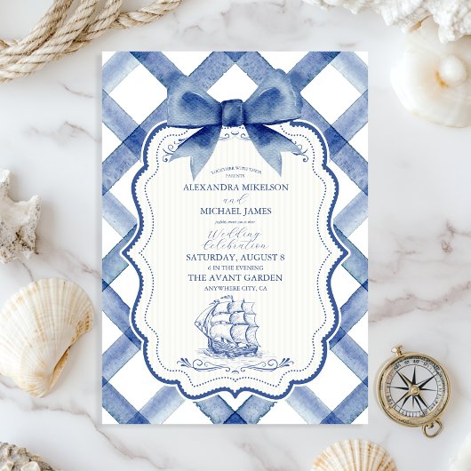 Chic Nautical Navy Blue Bow Wedding Kaart