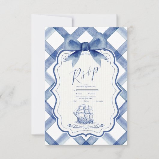 Chic Nautical Navy Blue Bow Wedding RSVP Kaartje (Voorkant)