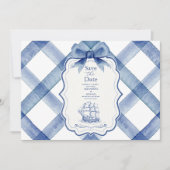 Chic Nautical Navy Blue Bow Wedding Save The Date (Voorkant)