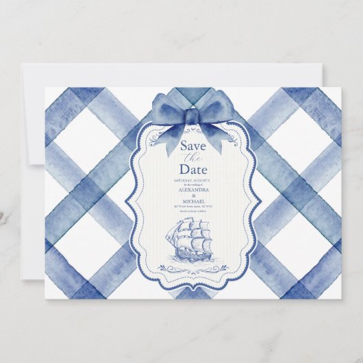 Chic Nautical Navy Blue Bow Wedding Save The Date (Voorkant)