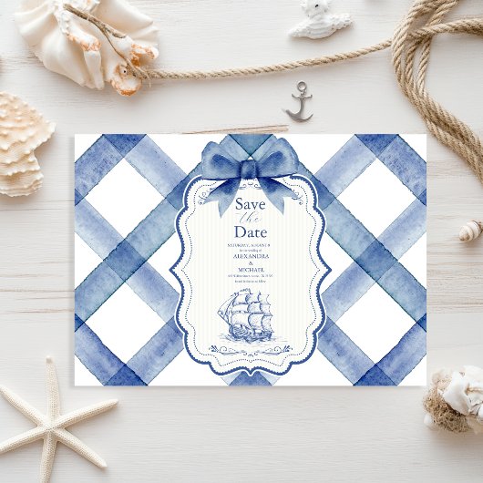 Chic Nautical Navy Blue Bow Wedding Save The Date