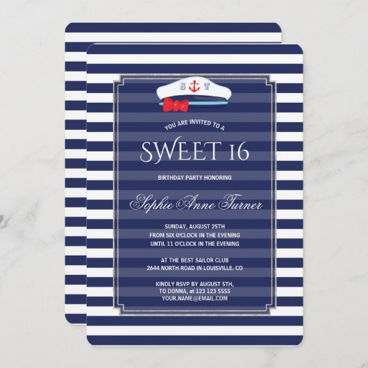 Chic Nautical Navy Stripes Silver Sweet 16 Party Kaart (Voorkant / Achterkant)