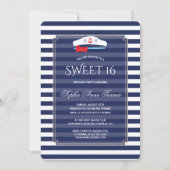 Chic Nautical Navy Stripes Silver Sweet 16 Party Kaart (Voorkant)