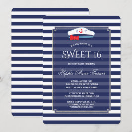 Chic Nautical Navy Stripes Silver Sweet 16 Party Kaart