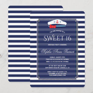 Chic Nautical Navy Stripes Silver Sweet 16 Party Kaart