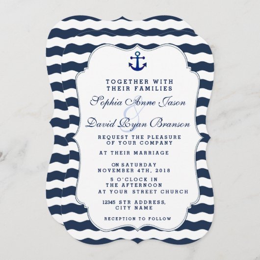 Chic Nautical Navy Waves Anchor Wedding Invite Kaart (Voorkant / Achterkant)