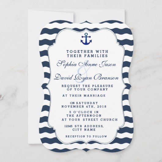 Chic Nautical Navy Waves Anchor Wedding Invite Kaart (Voorkant)