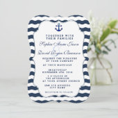 Chic Nautical Navy Waves Anchor Wedding Invite Kaart (Staand voorkant)