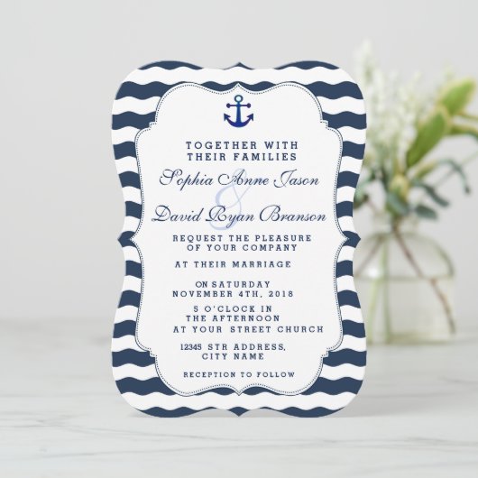 Chic Nautical Navy Waves Anchor Wedding Invite Kaart (Staand voorkant)