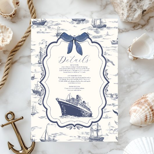 Chic Nautical Toile de Jouy Bow Wedding Informatiekaartje