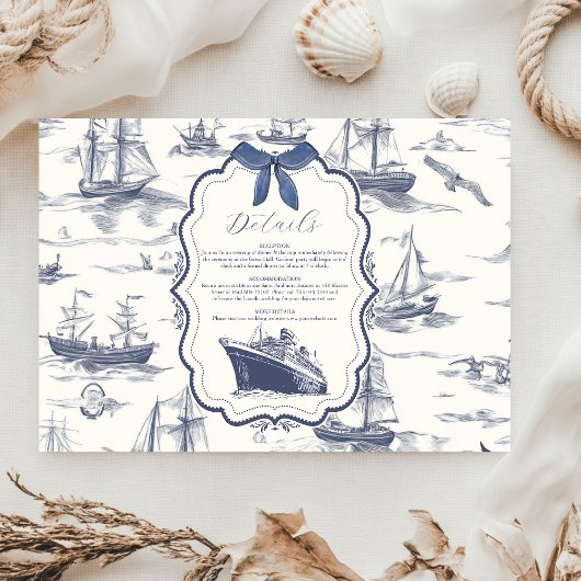 Chic Nautical Toile de Jouy Bow Wedding Informatiekaartje