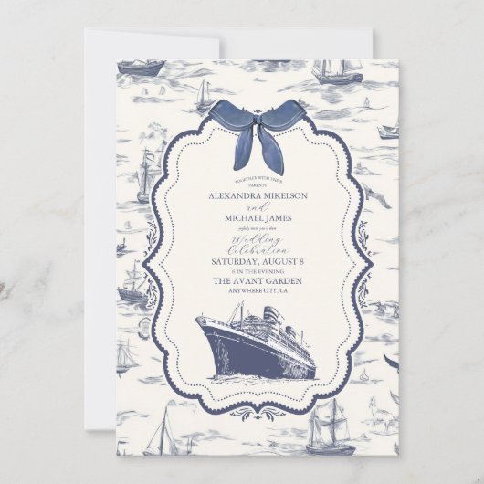 Chic Nautical Toile de Jouy Bow Wedding Kaart (Voorkant)