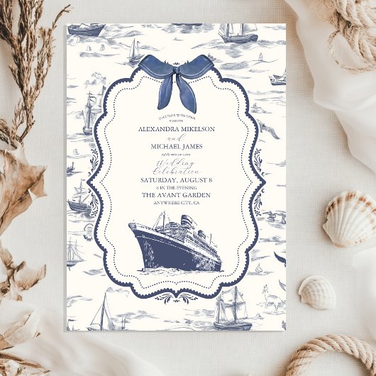 Chic Nautical Toile de Jouy Bow Wedding Kaart