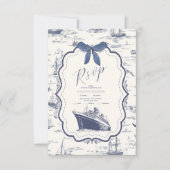 Chic Nautical Toile de Jouy Bow Wedding RSVP Kaartje (Voorkant)
