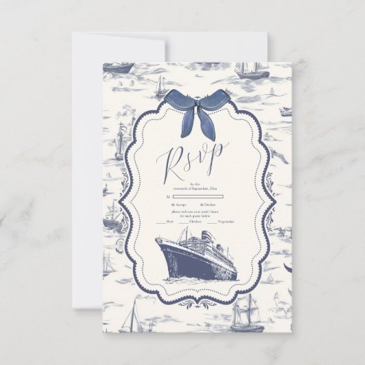Chic Nautical Toile de Jouy Bow Wedding RSVP Kaartje (Voorkant)