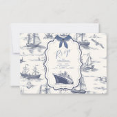 Chic Nautical Toile de Jouy Bow Wedding RSVP Kaartje (Voorkant)