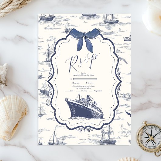 Chic Nautical Toile de Jouy Bow Wedding RSVP Kaartje