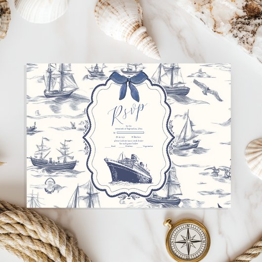 Chic Nautical Toile de Jouy Bow Wedding RSVP Kaartje