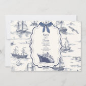 Chic Nautical Toile de Jouy Bow Wedding Save The Date (Voorkant)