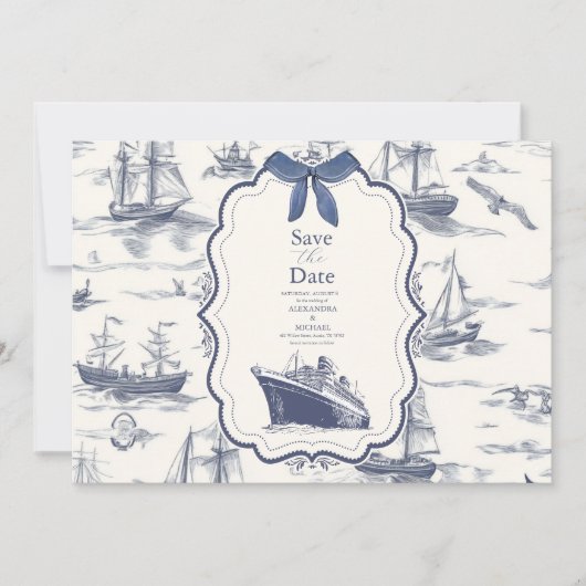 Chic Nautical Toile de Jouy Bow Wedding Save The Date (Voorkant)
