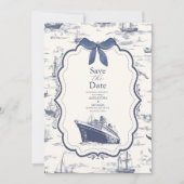 Chic Nautical Toile de Jouy Bow Wedding Save The Date (Voorkant)