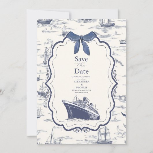 Chic Nautical Toile de Jouy Bow Wedding Save The Date (Voorkant)