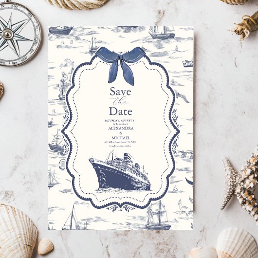 Chic Nautical Toile de Jouy Bow Wedding Save The Date