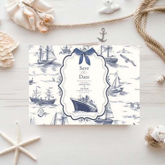 Chic Nautical Toile de Jouy Bow Wedding Save The Date