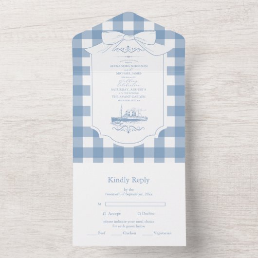 Chic Nautische Coquette Bow Wedding All In One Uitnodiging (Binnen)