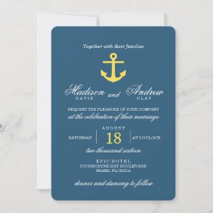 Chic Navy and Yellow Anchor Wedding Invitation Kaart