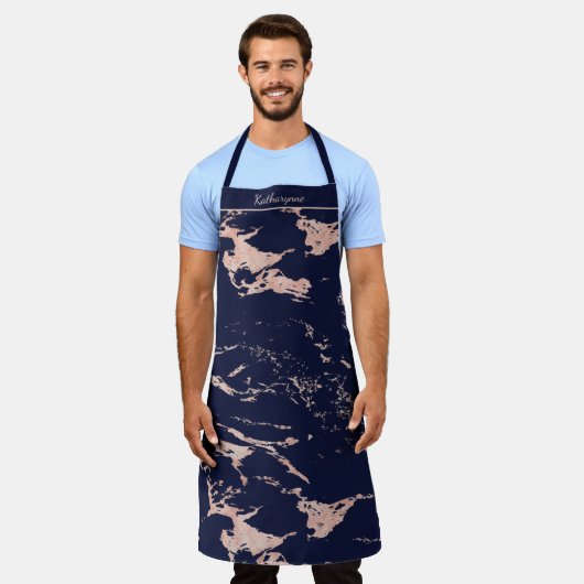 Chic Navy Blauw en Roos Gold Folie Marmer Schort (Gedragen)