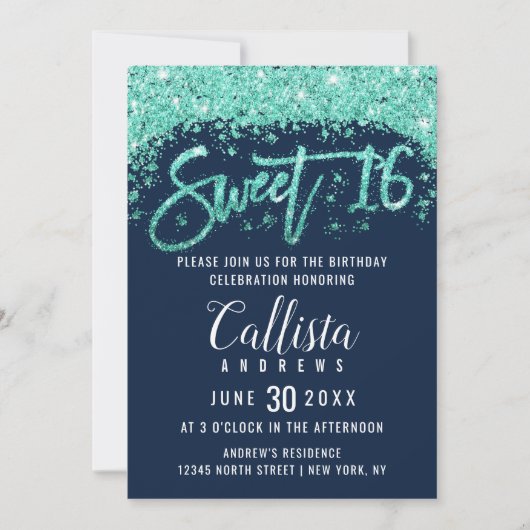 Chic Navy Blauw en Turquoise Glitter Dust Sweet 16 Kaart (Voorkant)