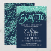 Chic Navy Blauw en Turquoise Glitter Dust Sweet 16 Kaart (Voorkant / Achterkant)