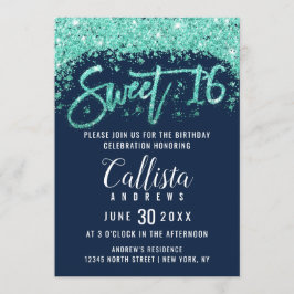 Chic Navy Blauw en Turquoise Glitter Dust Sweet 16 Kaart
