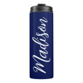 Chic Navy Blauw Gepersonaliseerde Naam in Wit Scri Thermosbeker (Voorkant)