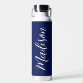 Chic Navy Blauw Gepersonaliseerde Naam in Wit Scri Waterfles (Voorkant)