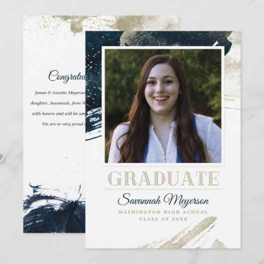 Chic Navy Blauw Goud Abstract Afstuderen Aankondiging (Voorkant / Achterkant)