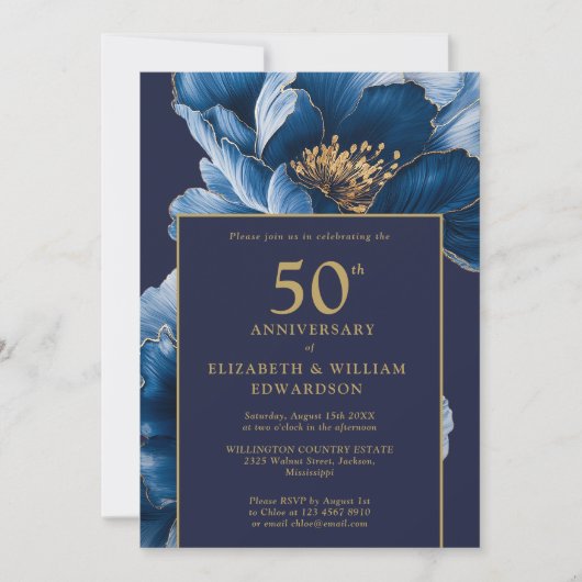 Chic Navy Blauw Goud Bloemen 50e Jubileum Foto Kaart (Voorkant)