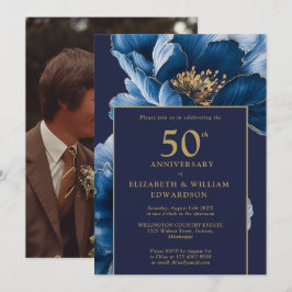 Chic Navy Blauw Goud Bloemen 50e Jubileum Foto Kaart