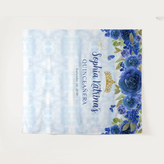 Chic Navy Blauw Goud Bloemen Tiara Kroon Quinceañe Wandkleed (Voorkant (horizontaal))