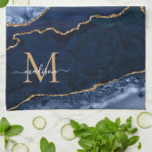 Chic Navy Blauw Goud Glitter Geode Marmeren Monogr Theedoek (Gevouwen)