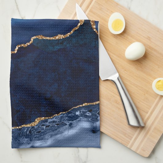 Chic Navy Blauw Goud Glitter Geode Marmeren Monogr Theedoek (Quarter Fold)