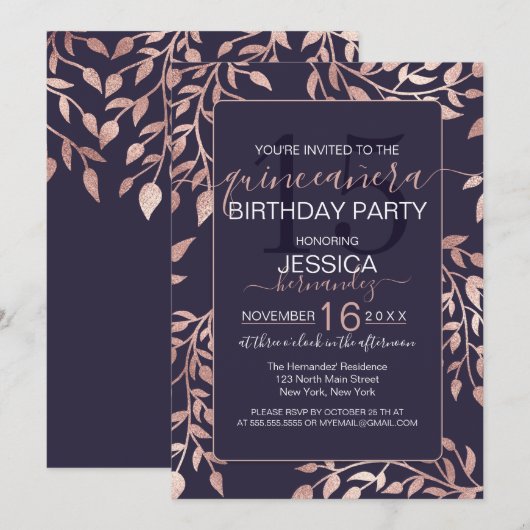 Chic Navy Blauw Roos Gouden Bloemen Bladeren Quinc Kaart (Voorkant / Achterkant)